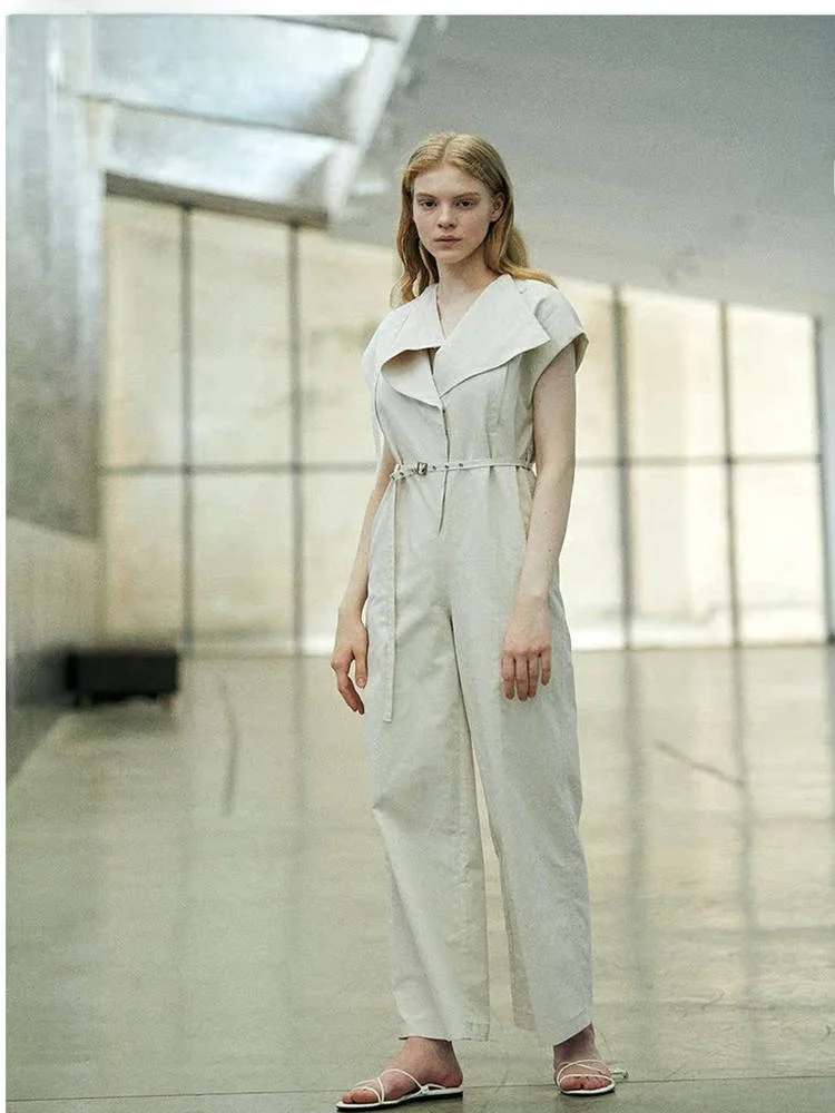 Mono de Trabajo Beige Cuisuyun Otoño, Mono de Una Pieza con Pantalones de Algodón de Cintura Alta para Mujer