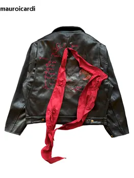 Mauroicardi Spring Autumn Short Black Printed Embroidered Pu Leather Jacket Men with Detachable Red Ribbon Zipper Cool Clothes 4 Mauroicardi Spring Autumn Short Black Printed Embroidered Pu Leather Jacket Men with Detachable Red Ribbon Zipper Cool Clothes 4