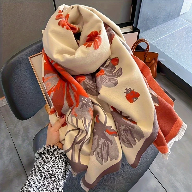 Luxurious and elegant floral print scarf shawl - thick and warm for women in winter, soft as silk fabric, available in orange/gr