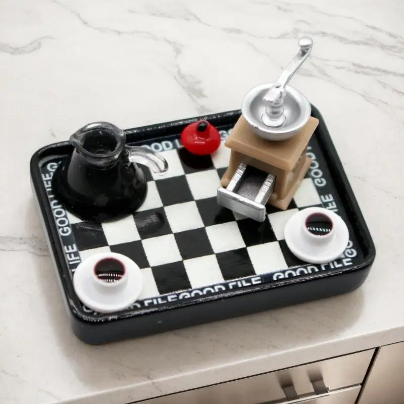 

Black & White Checkered Dishes Set with Miniature Model Coffee Maker for Dollhouse Accessories