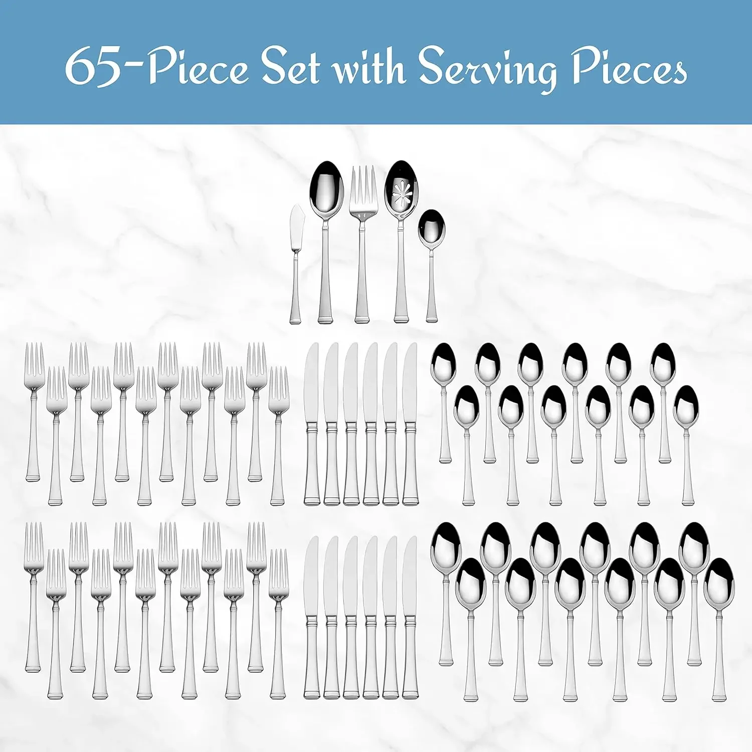 Harmony Flatware Service for 12, 65 Piece Set, 18/10 Stainless Steel, Silverware Set with Serving Utensils