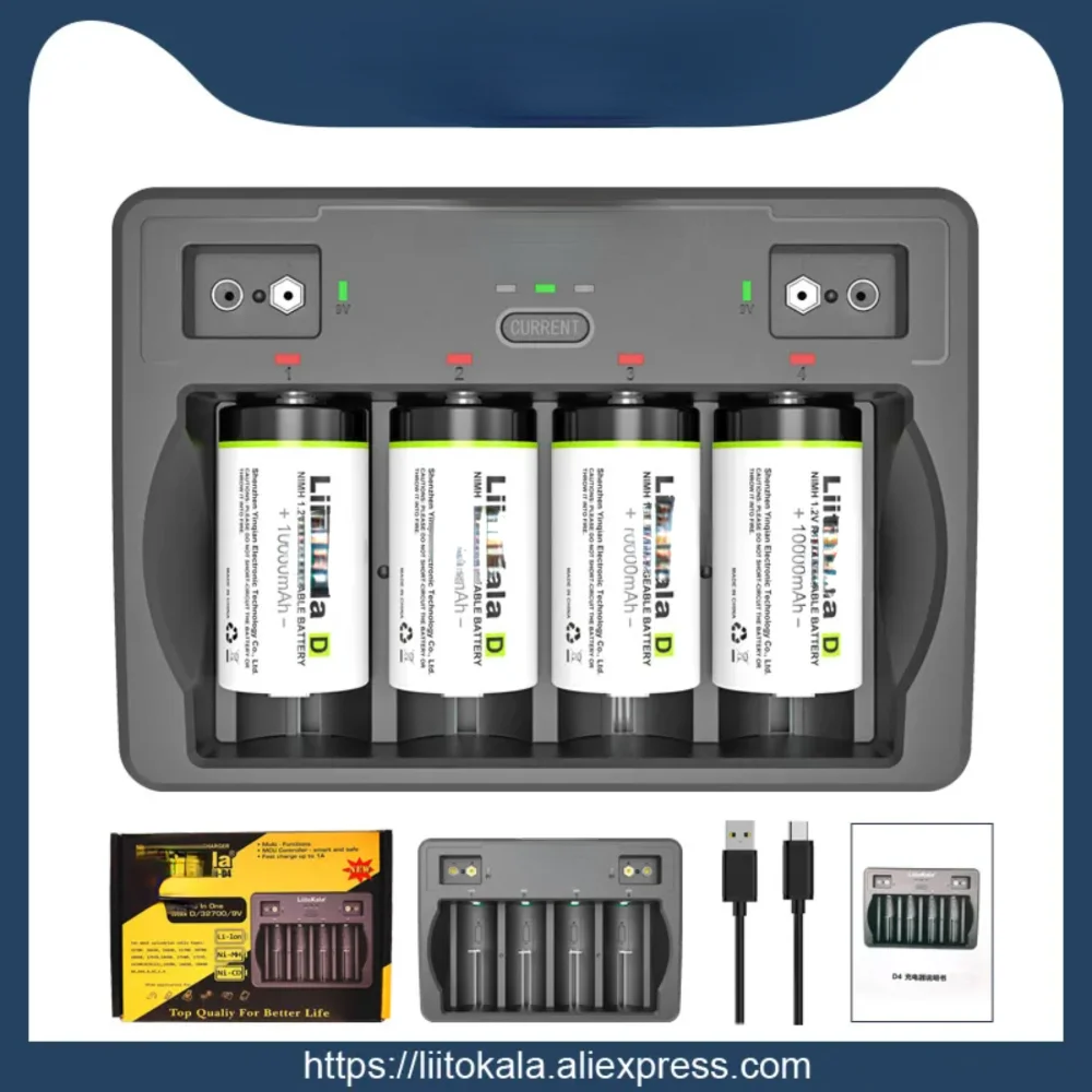 Lii-D4 9V 26650 18650 21700 18500 26700 16340 22650 AA AAA C SC D 3.7V 1.2V Lithium NiMH Smart Battery Charger