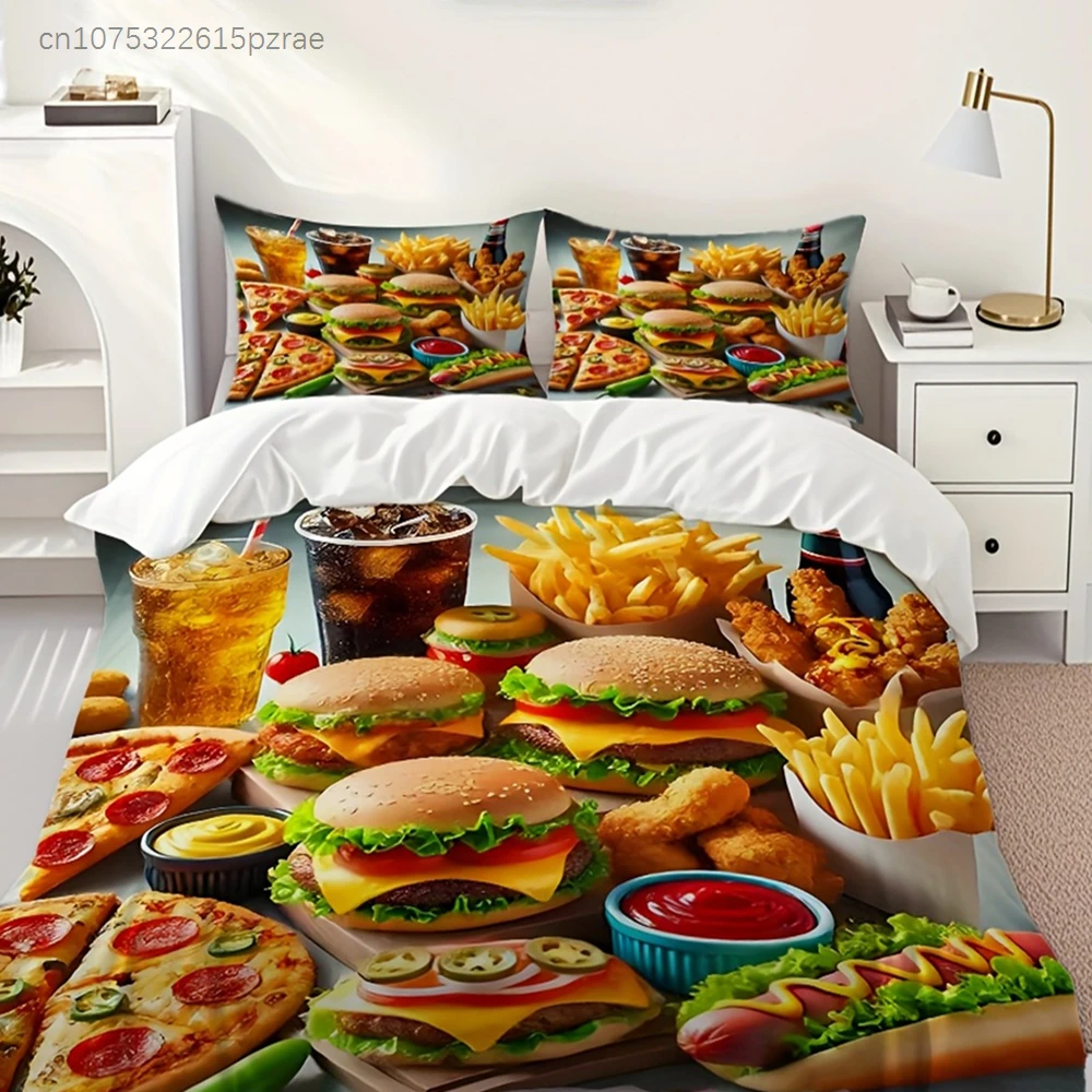 3pcs Bedding Set With Hamburger And Fried Chicken Fast Food Pattern Print, Including A Quilt Cover And Two Pillowcases