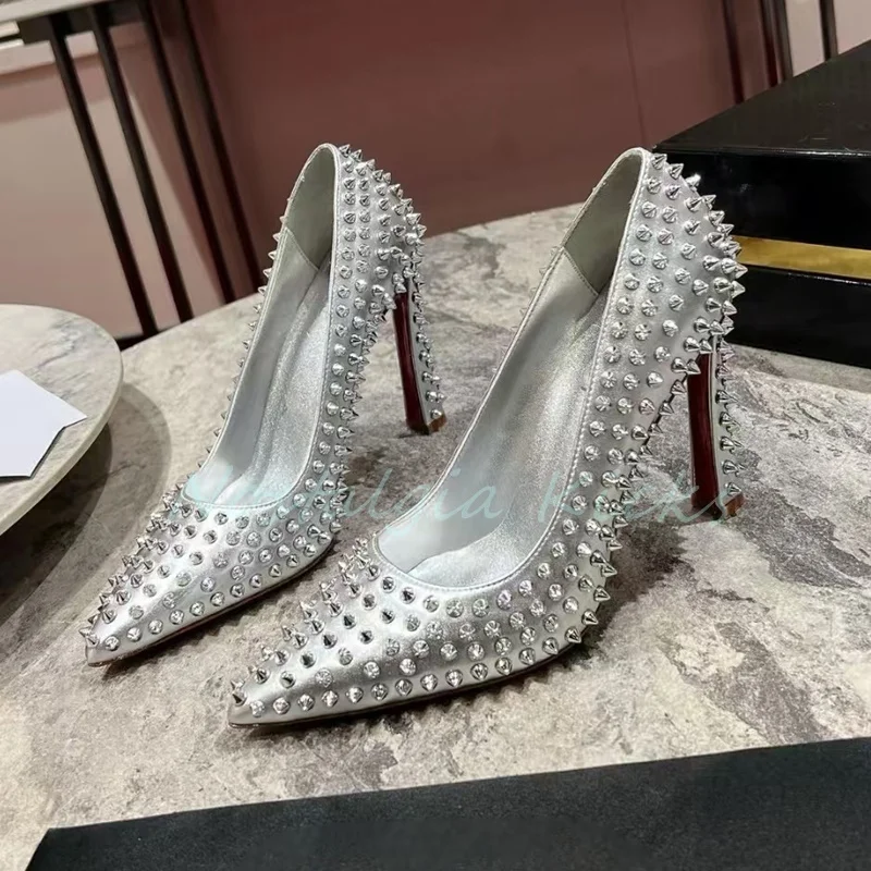 Black Rivet Pointed Toe Women's Pumps Designer Pointed Toe Super High Heel Slip On Party Female Dress Shoes Comfort Office Shoes