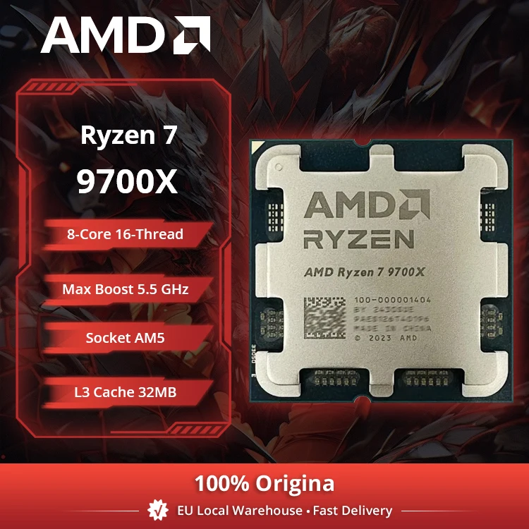 Processeur de bureau AMD Ryzen 7 9700X, 8 cœurs, 40 Mo de cache, 4 nm, socket AM5, 65 W (refroidisseur non inclus)