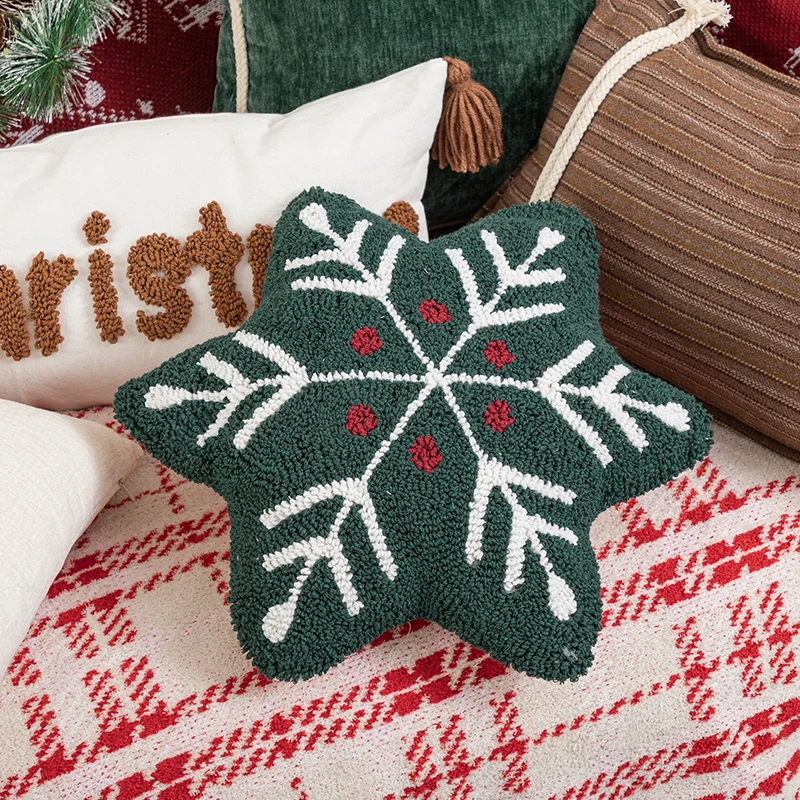 Christmas Decoration Cushion Cover Snowflake Tree Green Red Checked Tassels Rope Embroidery Sofa Couch Chair Home Decoration