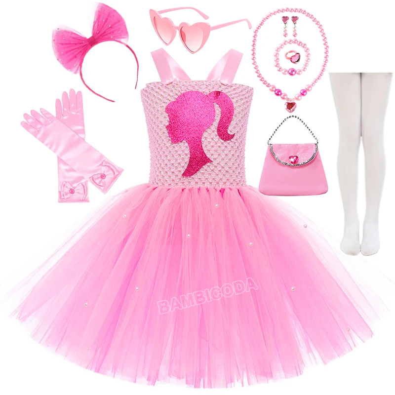 

Розовые платья королевы для девочек, новое сетчатое платье принцессы в прямом эфире Bar-b Movie, праздничные наборы для выступлений на сцене, день рождения