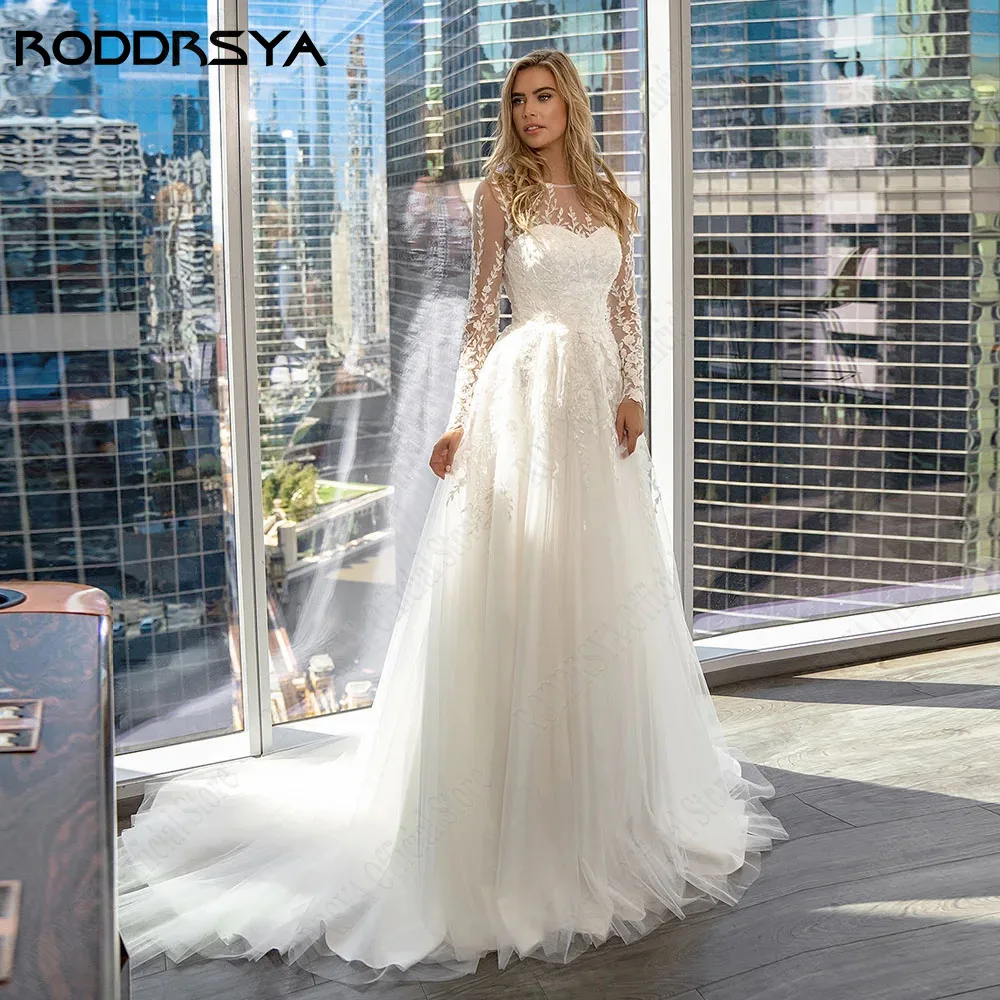 RODRSYA Lantejoulas Applique A Linha Vestido de Noiva 2024 Mangas Longas O-Neck Tulle CusRODDRSYA Lantejoula Applique A Linha Vestido De Noiva 2024 Mangas Compridas O Pescoço Tule Custom Made Elegante Vestidos De Novia