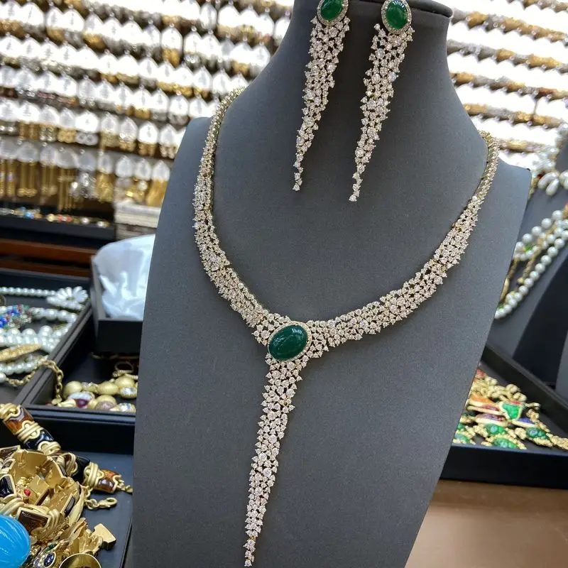 Oval Green Stone Jewelry Set Full Paved Cubic Zirconia Long Tassel Necklace Earrings Set Elegant Daily Women Fashion Accessories
