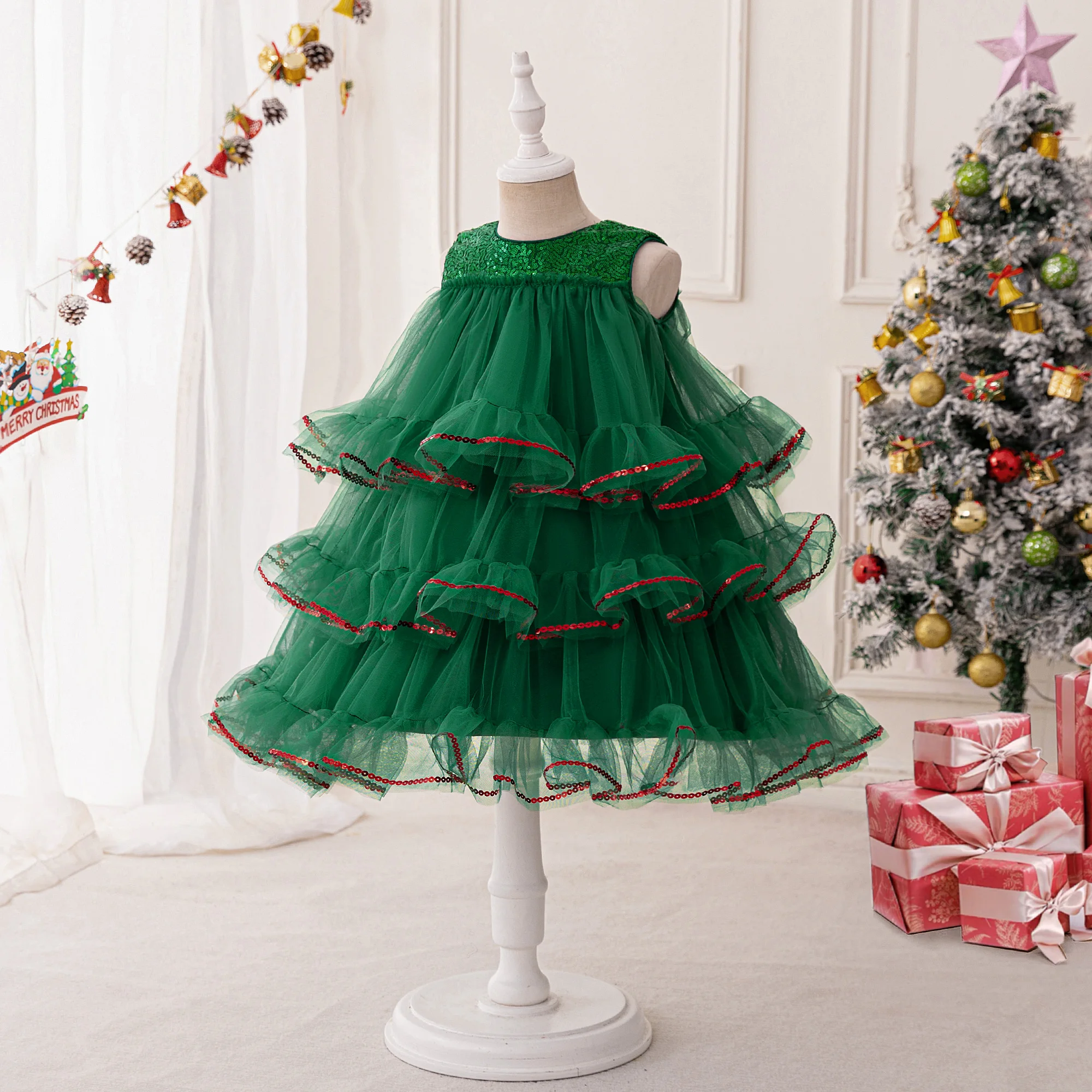 Christmas Dress For Girl Kid Red Green Snowflake Cake Dress Children Xmas Carnival Party Santa Claus Princess Costume Vestidos