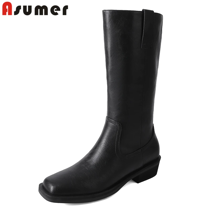 

ASUMER 2024 New Genuine Leather Boots Women Mid Heels Mid Calf Boots Fashion Handmade Ladies Cowboy Western Boots