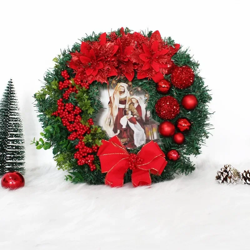 Christmas Wreath With Lamp Bow Ball Big Red Flower Navidad Party Wall Door Window Fireplace Staircase Balcony Garden Wreath 2024