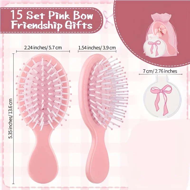 15 Stück/5 Sets Mini-Haarbürsten-Set, Partygeschenk für Frauen, Freundschaftsgeschenke, rosa Schmetterlings-Kompaktspiegel, Kartenetui – Detail 5