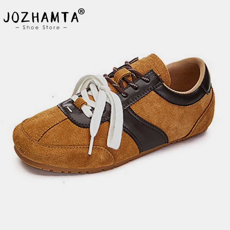 JOZHAMTA Casual Flats Sneakers For Women Vintage Tennis Real Leather Low Heels Shoes 2025 Ins Fashion Daily Trainer Size 35-40