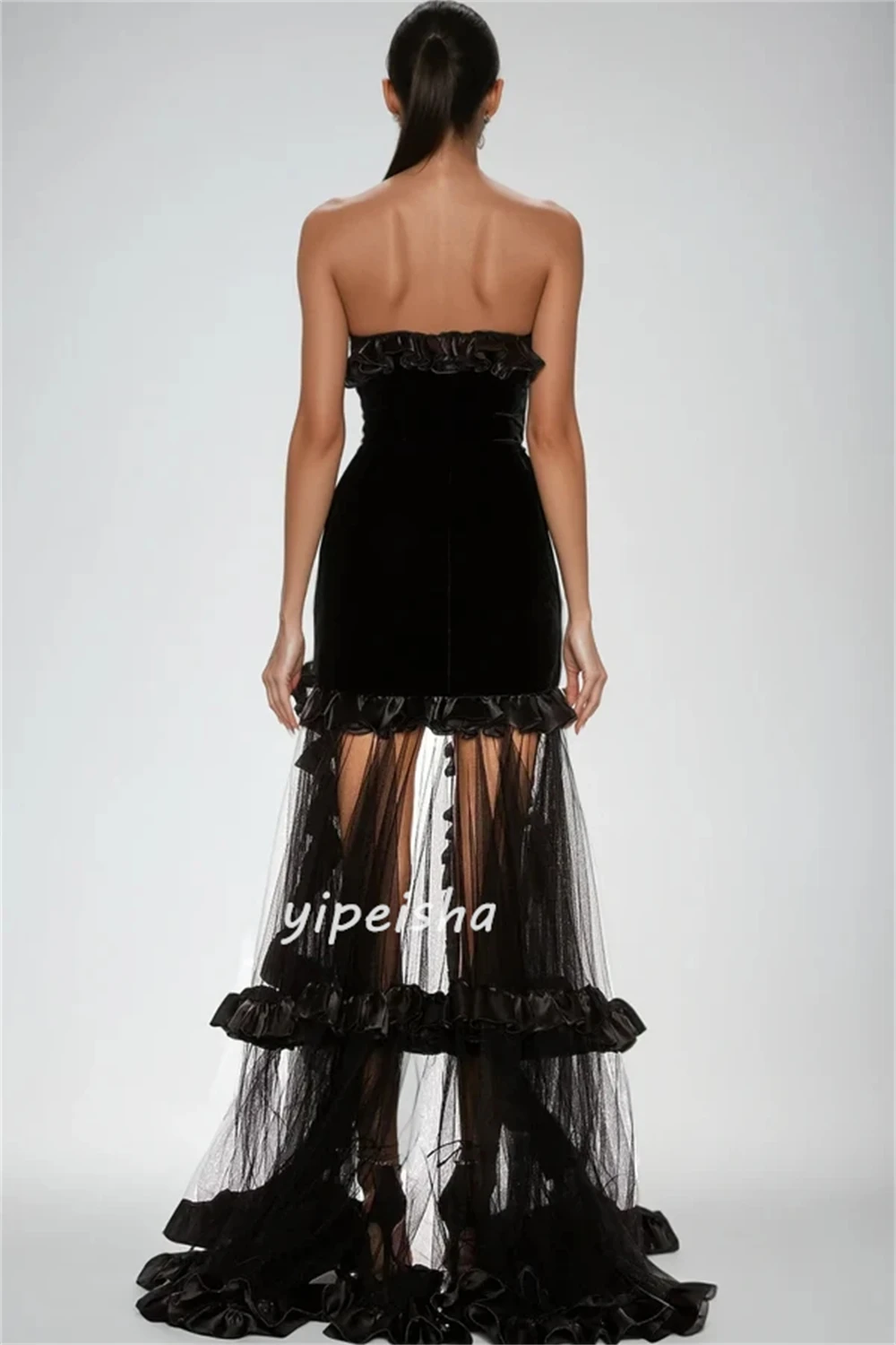 فساتين طويلة مخصصة على الطراز الحديث من القطيفة بحجر الراين مكشكشة على شكل حرف a بدون حمالات فساتين مناسبة مخصصة بجودة عالية #5