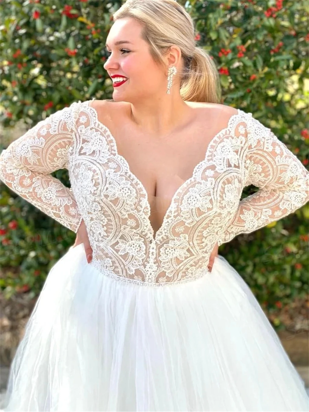 Plus Size Langarm Spitze Brautkleid Lange Tüll V-ausschnitt Braut Kleider Brautkleid Robe De Mariée Vestidos De Novia