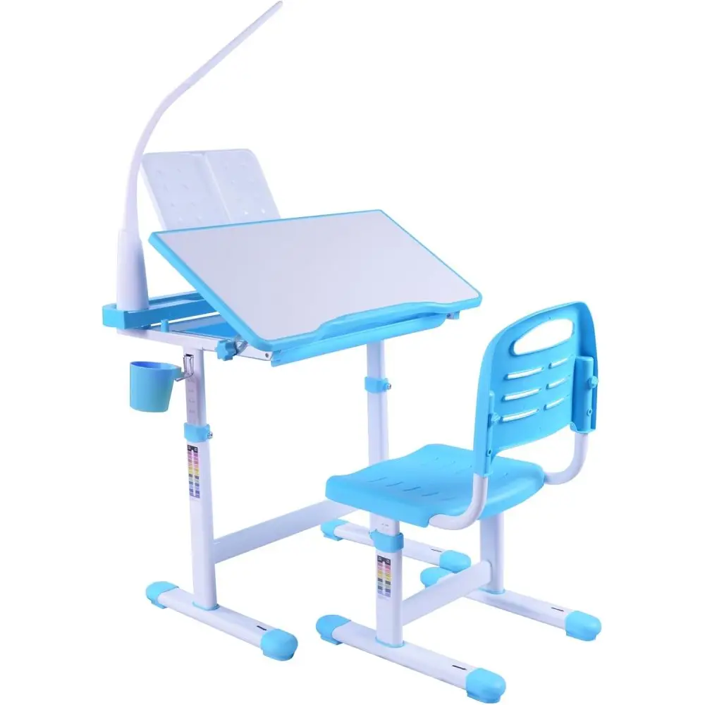 Kids Desk & Chair Set: Adjustable Height, 40° Tilt Desktop, LED Light, Bookstand (Blue)