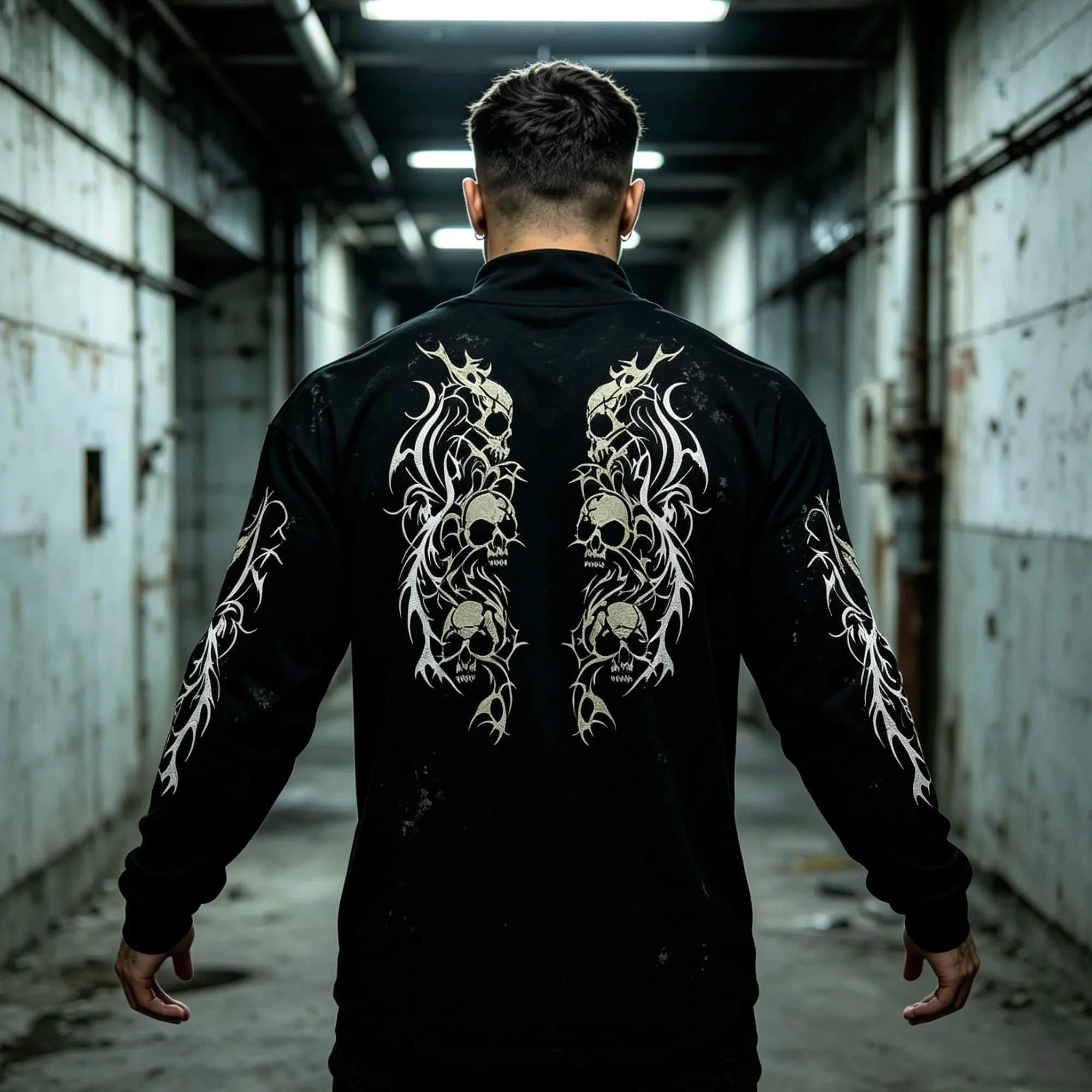 Dark Tattoo‑Graphic Men Mock Neck Long Sleeve Top Skull Thorn Branch Print Soft   Punk Street Casual T‑Shirt