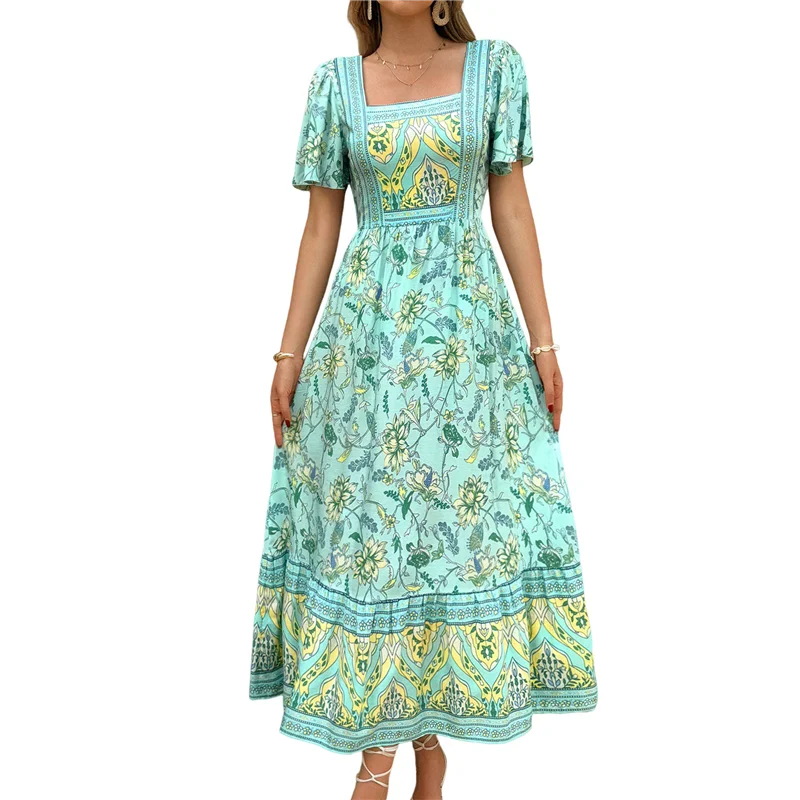 【Party-Decoration】Women's 2025 Summer Short Sleeves Boho Floral Print Tiered Casual Flowy Long Maxi Dress