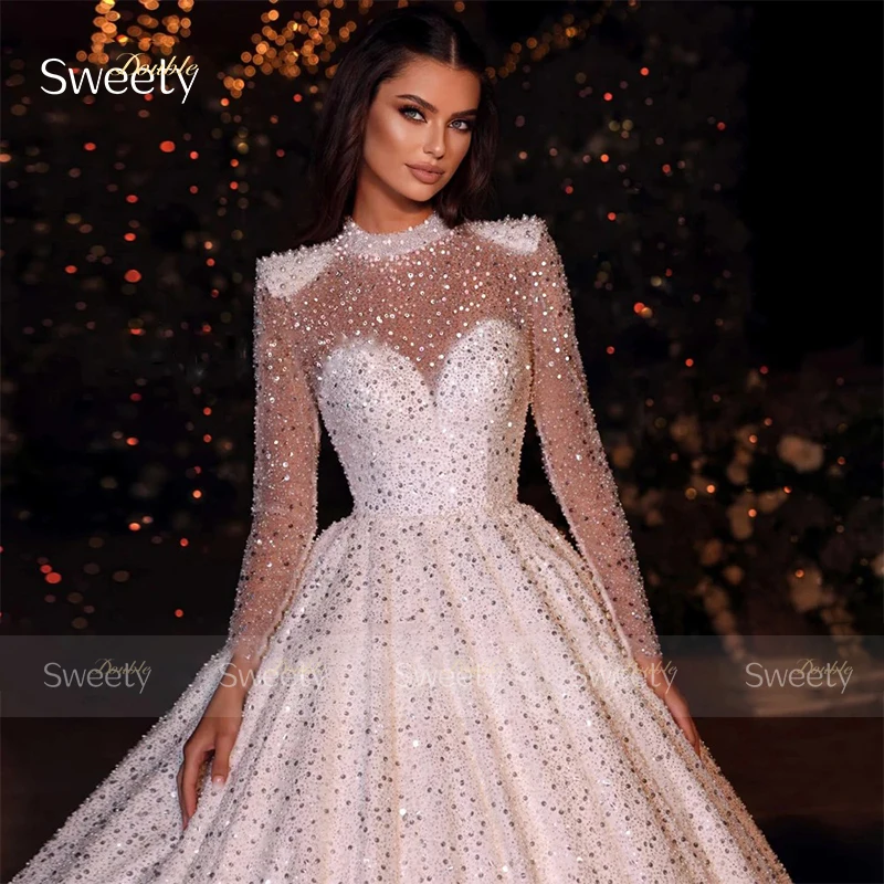

Glitter Wedding Dress Organza With Beading Ballgown Sequins High-Neck Full Sleeve Bride Dress Customized Vestido De Novia Button