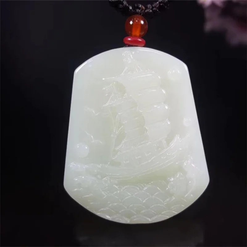 Hotan White Smooth Sailing Pendant Men and Women, Boat Jade Ornament