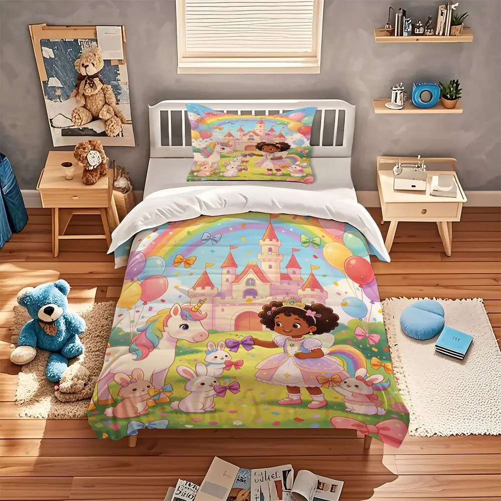 Rainbow Castle Unicorn Princess Duvet Cover Set Comforter Cover Bedding Set No Filler HD Cute Soft Cozy Bedroom Bed Cover