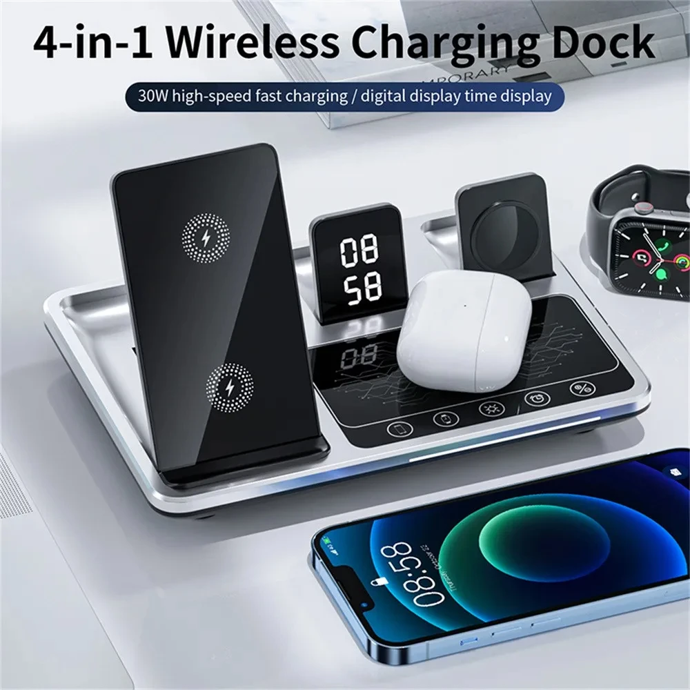 Alarm Clock Wireless Charger Stand 4 IN 1 Touch Control Charging Station For Airpods Pro Apple Watch For iPhone 14 13 12 Pro Max