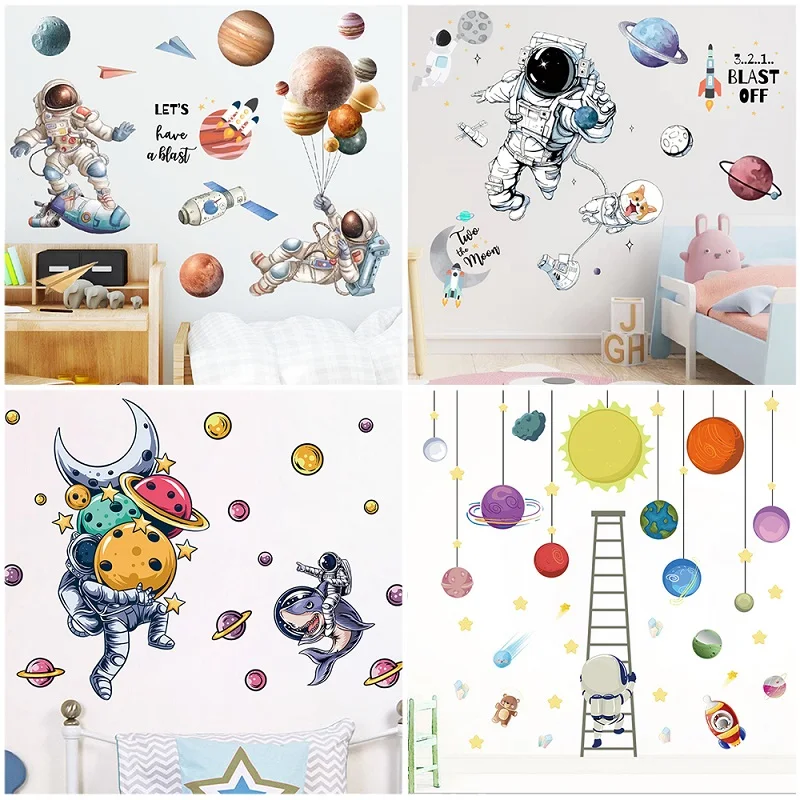 Astronaut Wall Stickers For Kids Room Home Decoration Diy Solar System Planets Mural Art Boys Decals Cosmonauts Space Man Poster