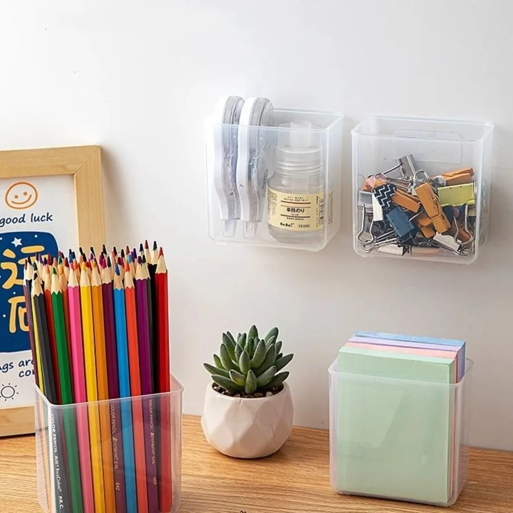 Transparent Wall Mount Pen Pencil Holder Large Capacity Multifunction Pencil Storage Box Self-adhesive Pen Stand