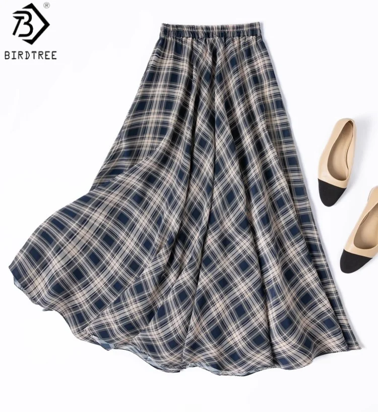 

Birdtree 100% Mulberry Silk Bias-cut Skirt,Women Double Crepe Scottish Plaid Pattern Elastic Waist Dresses, 2025 New D57204JF