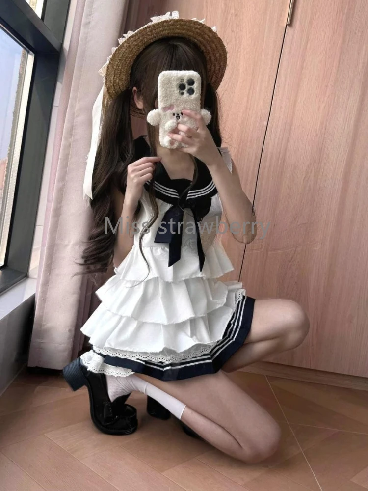 Preppy สไตล์ใหม่แฟชั่นหลวม 2 ชิ้นชุดผู้หญิงฤดูร้อน 2025 แขนกุด Ruffle ชุดกะลาสีหญิงลูกไม้เอวสูงกระโปรงสั้น