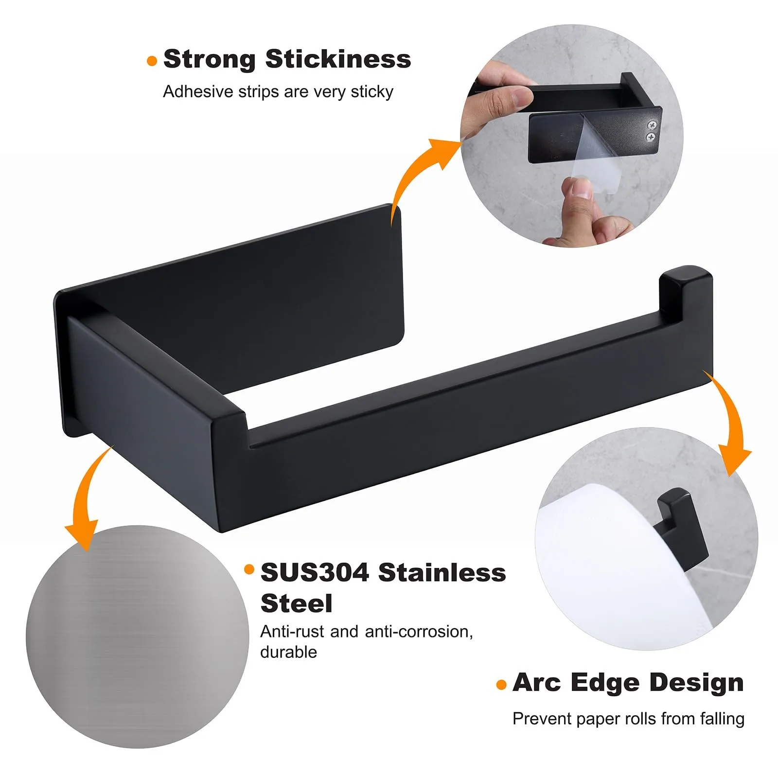 

Черный держатель для полотенец без сверления из нержавеющей стали, квадратная стойка для рулона папиросной бумаги в ванной комнате, клейкая настенная стойка