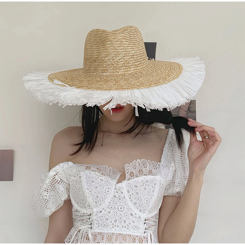 Sombrero de paja con protección solar para mujer, sombrilla versátil para playa, ala grande, accesorios de versión coreana para verano