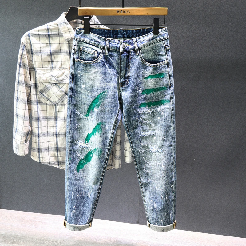 

Fashion Graffiti Jeans Men's New Personalized Design Paint Spot Retro Frayed Hip Hop Denim Trousers Male Streetwear