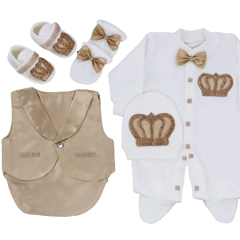 

Soft Cotton Newborn Prince Outfit 0-9 Months 5Pcs White Dark Champagne Satin Vest Bow Tie Glitter Crown Footed Romper Luxury