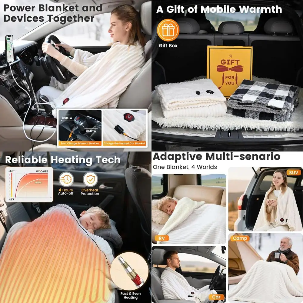 

12V Heated Blanket for Car – Soft Faux Fur & Cozy Sherpa with 2 Output USB Ports (1A +1 C) 4 Heating Levels & 4 Hours Auto Off,