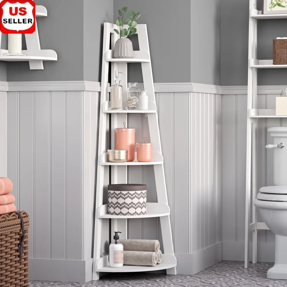 

5-Tier Corner Ladder Shelf Tower Display Storage in Bathroom Living Room Office Durable MDF Easy Assembly Space-Saving Design