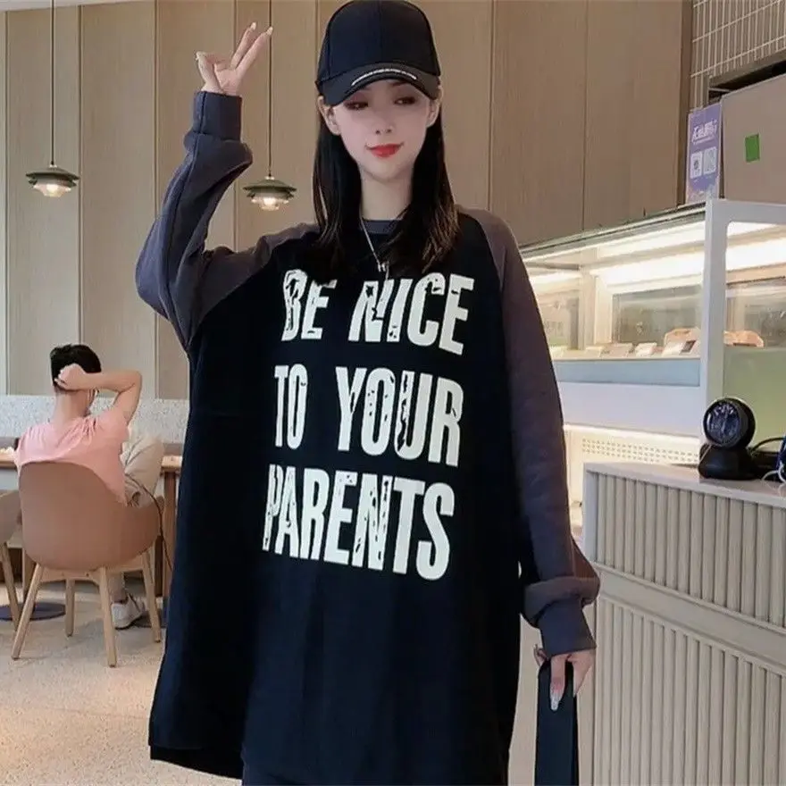 Oversized Autumn Winter New Casual Korean Patchwork O-neck Mid Length Top Female All-match Letter Loose Long Sleeve T-Shirts