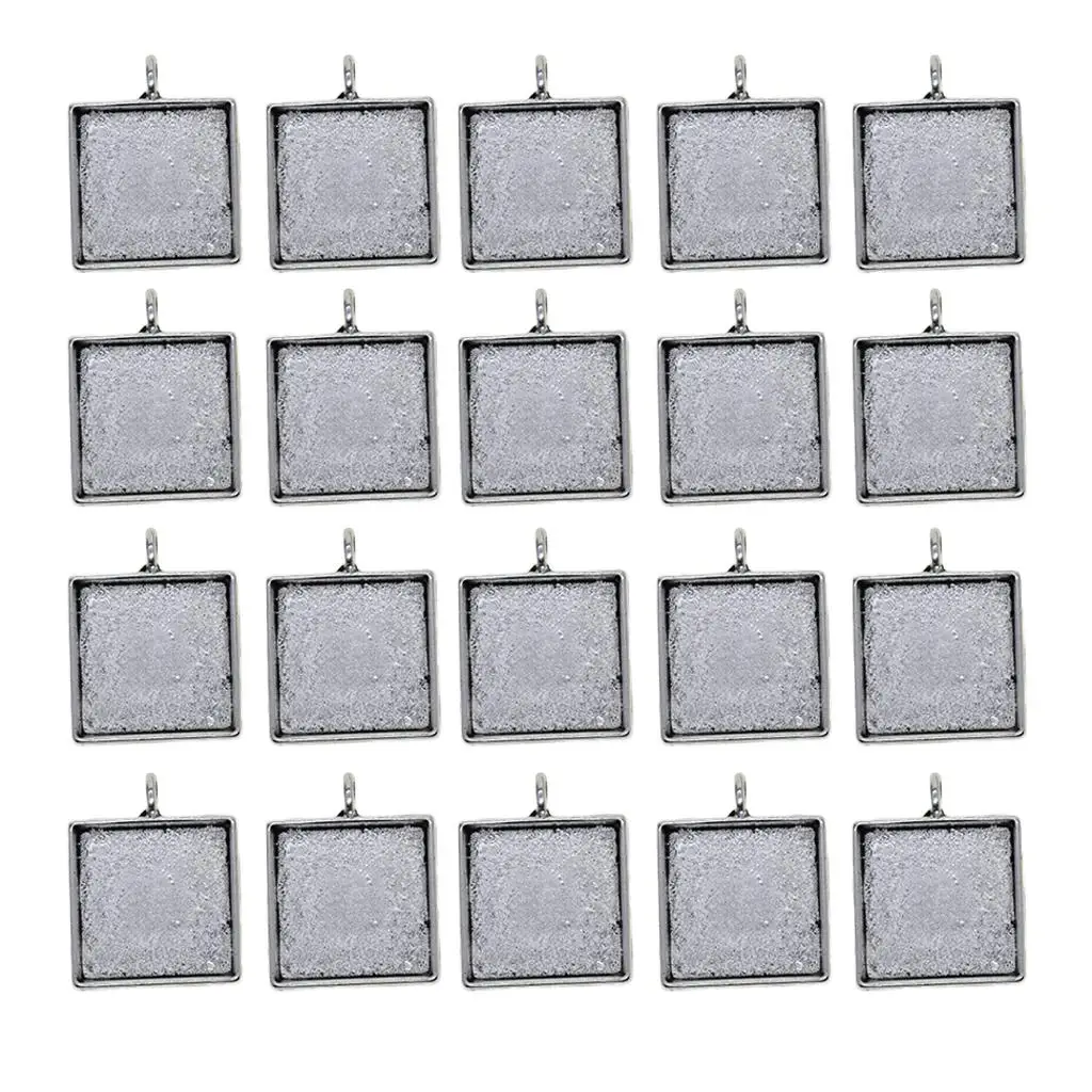 Packung mit 20 Charms-Anhängertabletts, quadratische Lünette, Anhänger-Lünette, Cabochon-Fassungen, 20 mm