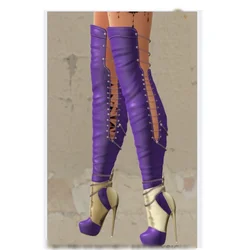 Purple Lace Up Patchwork Boots Round Toe Thin High Heel Fashion Sexy Cool Winter Big Size 2024 Woman Shoes Zapatillas Mujer