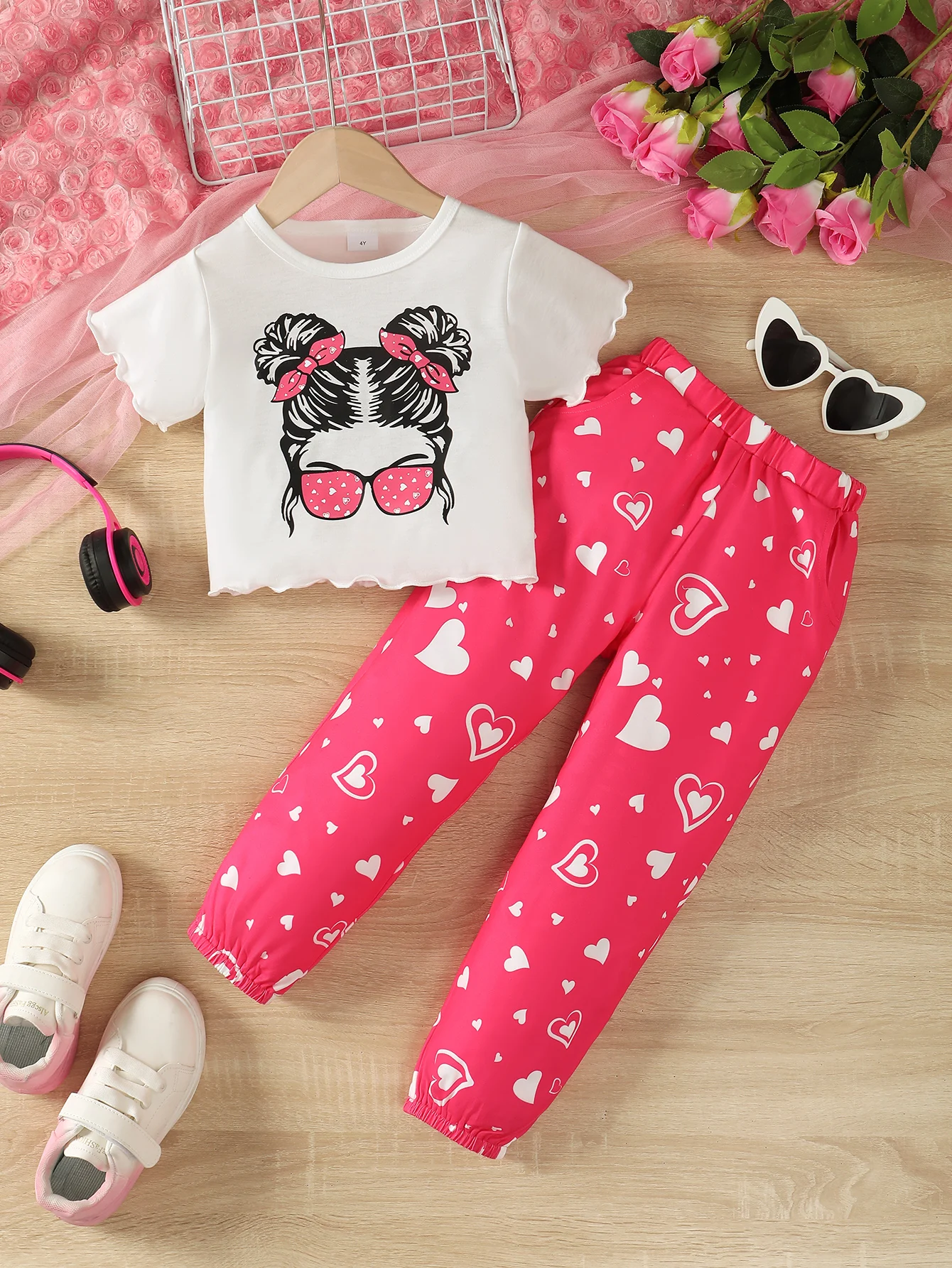 2PCS Kids Girl Clothes Set Girl Avatar Girl  Pattern Short Sleeve T-shirt+Love Pants Lovely Daily Casual Wear for Girl 4-7 Years