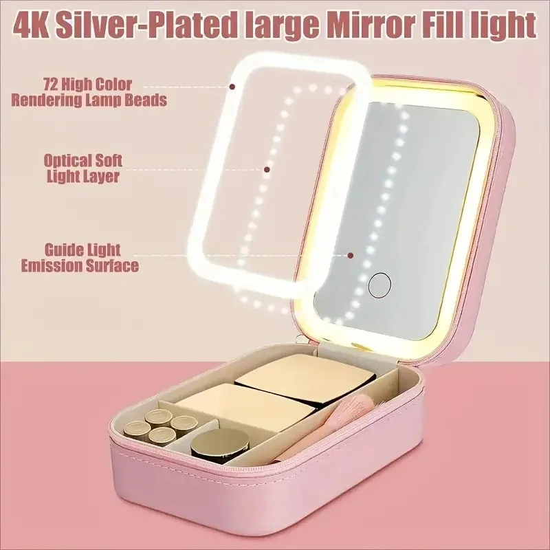 Portable LED Makeup Mirror Box - Foldable Travel Organizer with USB Recharge, Pink Leather Design