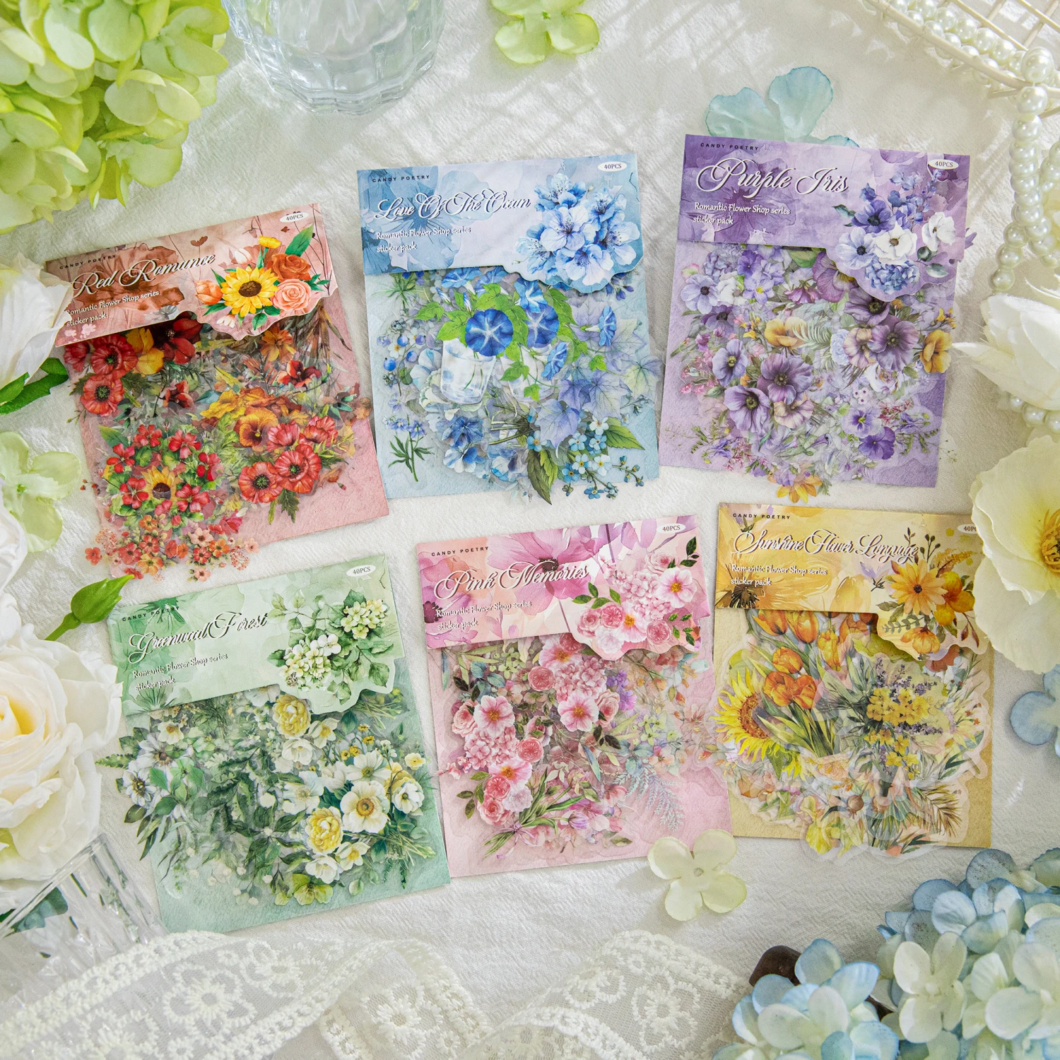 40 Pcs Fresh Flower PET Sticker Pack Aesthetic Hand Accounting Transparent Decoration Scrapbooking Stationery Supplies for Kids