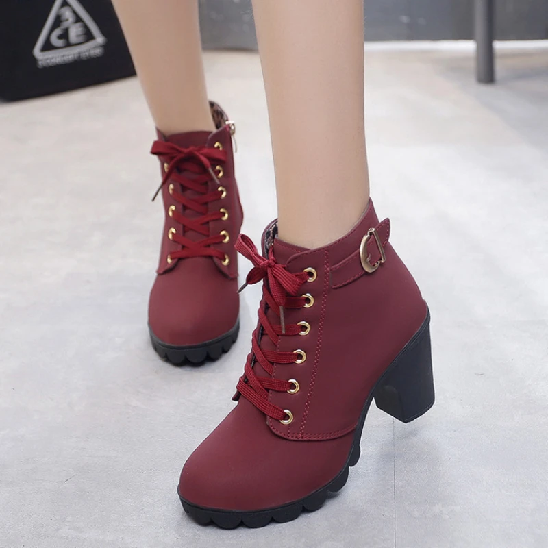 Women's High Heels Thick Heel Casual Thick Soled Shoes Lace Up Round Toe Buckle Solid Color Anti Slip Short Boots