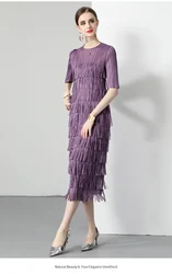 Miyake Fold 2024 Multi-layer Fringed Cake Skirt Solid Color Sleeve Super Slim Dress Design Sense Hepburn Long Dress Temperament