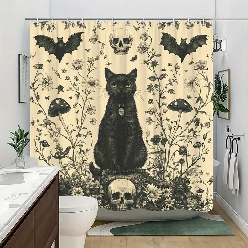 VIKAMA Halloween Black Cat Skull Shower Curtain Gothic Floral Bat Mushroom Print Waterproof Fabric Bathroom Decor Bath Curtain