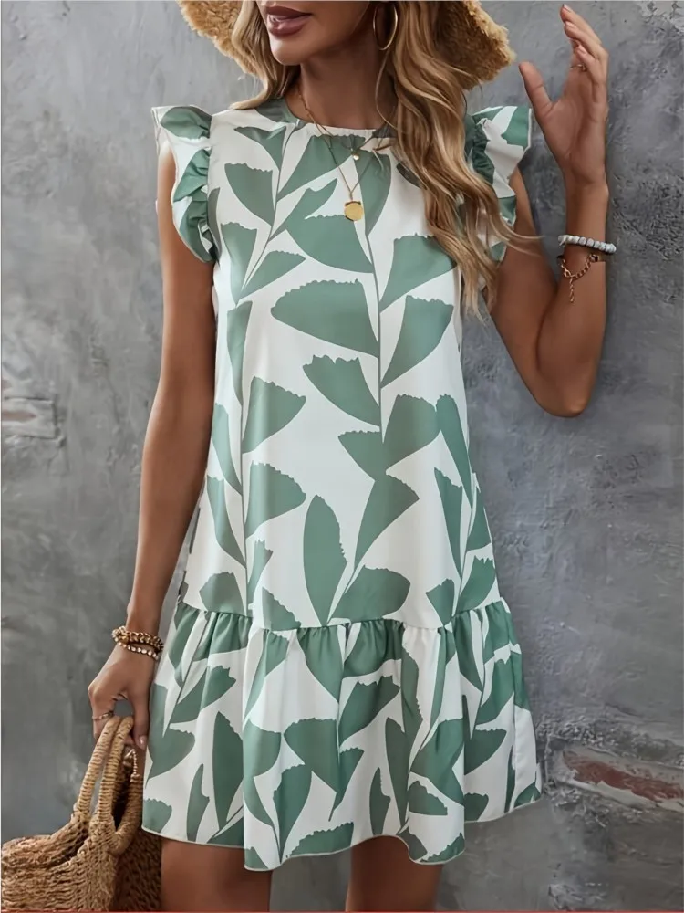 Women Fashion Ruffled Short Sleeve Printed Mini Dress New Summer Loose Casual Green Elegant Dresses For Wome Robe Femme