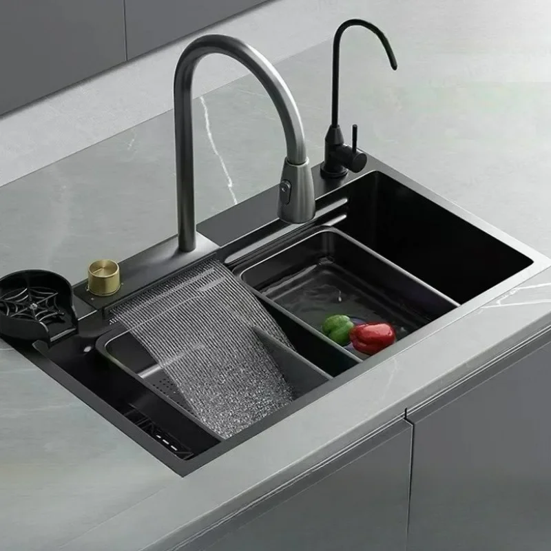 Hand Pull Out Multifunctional Sink Stainless Steel Dark Grey  Square Design  'Flying Rain' Waterfall Kitchen Sink