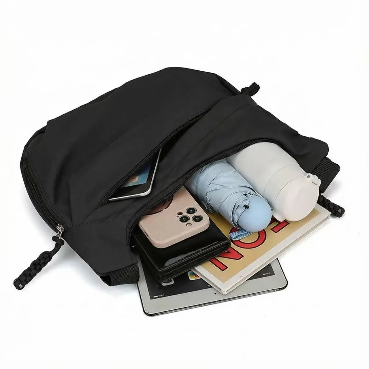 Schwarze Umhängetasche mit weißem Pfotenmuster, große, mehrschichtige Schultertasche mit Kordel-Dekor, Damenhandtasche mit Reißverschluss für den täglichen Gebrauch. – Detail 8