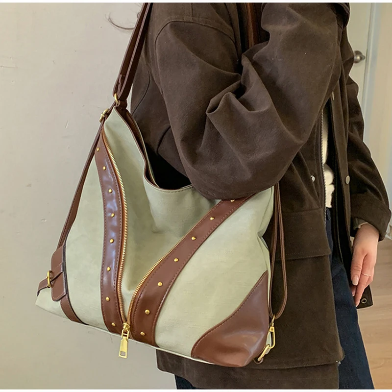 Vintage-Rucksack, Damen-Tragetasche, Retro-Spleiß-Hobo-Umhängetasche, lässige Alltags-Einkaufstasche mit Nieten-Dekor – Detail 22